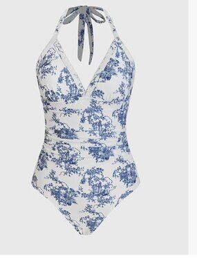 NWT Cupshe Blue & White Toile One-Piece Swimsuit - Size Medium